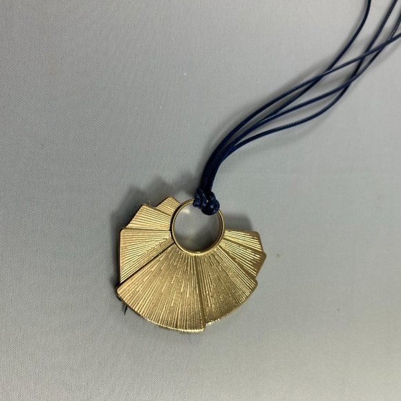 C1946 Corded Pendant Necklace Metal Denim Blue Gold Tone 31-34" Tunic Length - Picture 3 of 7